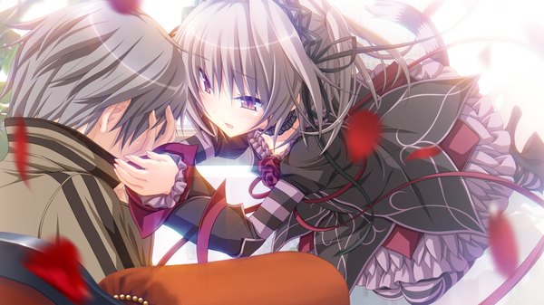 Anime picture 1280x720 with hapymaher purple software naitou maia koku short hair open mouth red eyes wide image white background game cg grey hair couple girl thighhighs dress boy ribbon (ribbons) hair ribbon petals choker