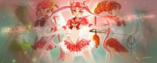 Anime picture 1183x480 with bishoujo senshi sailor moon toei animation sailor chibi moon sailor ceres sailor juno sailor vesta sailor pallas neo sailor chibimoon shabomu long hair short hair smile red eyes wide image standing twintails multiple girls pink hair red hair very long hair