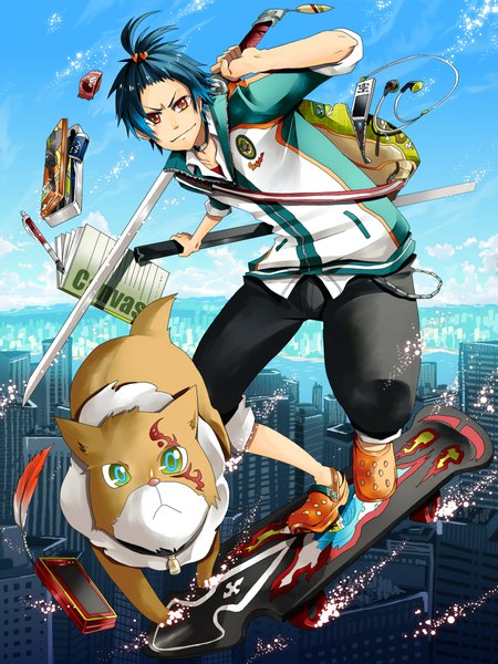 Anime picture 1500x2000 with original ipod ame gatsu (artist) single tall image short hair blue hair tattoo city flying weightlessness midair boy weapon animal sword headphones katana building (buildings) pants