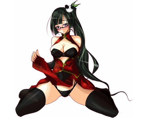 Anime picture 1600x1280 with blazblue litchi faye ling single long hair looking at viewer blush breasts light erotic black hair simple background white background sitting purple eyes bare shoulders barefoot spread legs side ponytail girl thighhighs hair ornament