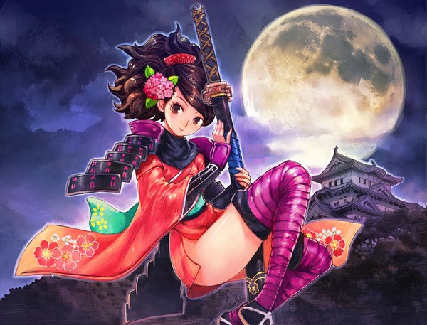Anime picture 1000x763 with oboro muramasa (game) vanillaware momohime boyaking(sbf) single long hair looking at viewer blush brown hair holding brown eyes sky cloud (clouds) ponytail traditional clothes japanese clothes hair flower night night sky floral print
