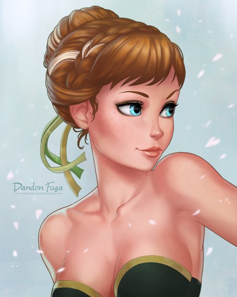 Anime picture 650x814 with frozen (disney) disney anna (frozen) dandon fuga single tall image fringe short hair breasts blue eyes light erotic brown hair bare shoulders looking away upper body realistic girl ribbon (ribbons) hair ribbon