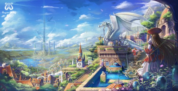 Anime picture 1700x877 with eternita forgotten melody saber 01 brown hair wide image sky city cityscape elf scenic panorama petals cross dragon