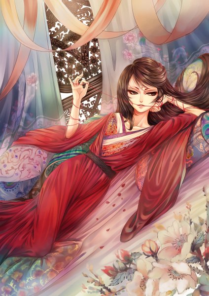 Anime picture 1024x1448 with original snowcastel single long hair tall image brown hair holding brown eyes looking away lying long sleeves mouth hold girl dress flower (flowers) ribbon (ribbons) belt pillow curtains red dress