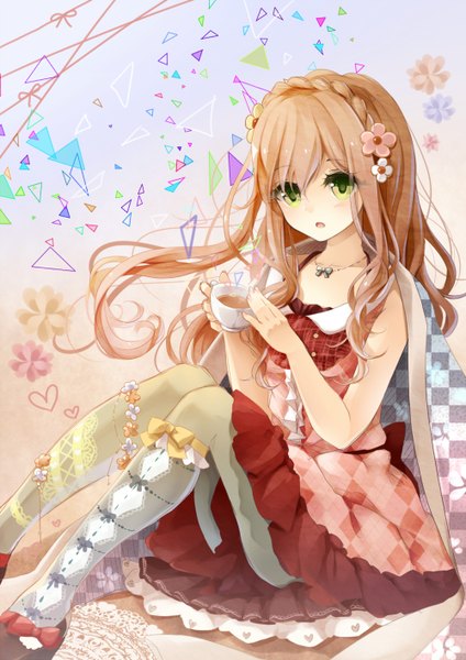 Anime picture 1000x1414 with original puracotte single long hair tall image looking at viewer brown hair sitting holding green eyes braid (braids) crown braid girl dress hair ornament flower (flowers) ribbon (ribbons) pantyhose pendant cup