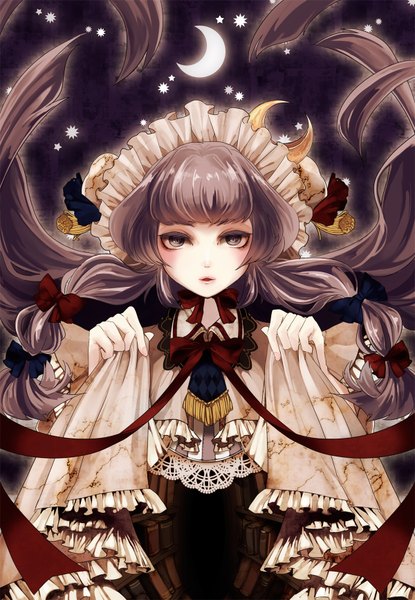 Anime picture 1200x1732 with touhou patchouli knowledge memai single long hair tall image brown hair grey eyes girl dress bow ribbon (ribbons) book (books) moon