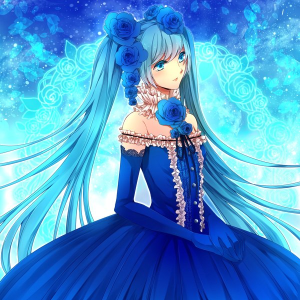 Anime picture 2000x2000 with vocaloid hatsune miku yukari chiyo single highres blue eyes twintails blue hair very long hair girl dress gloves flower (flowers) elbow gloves frills