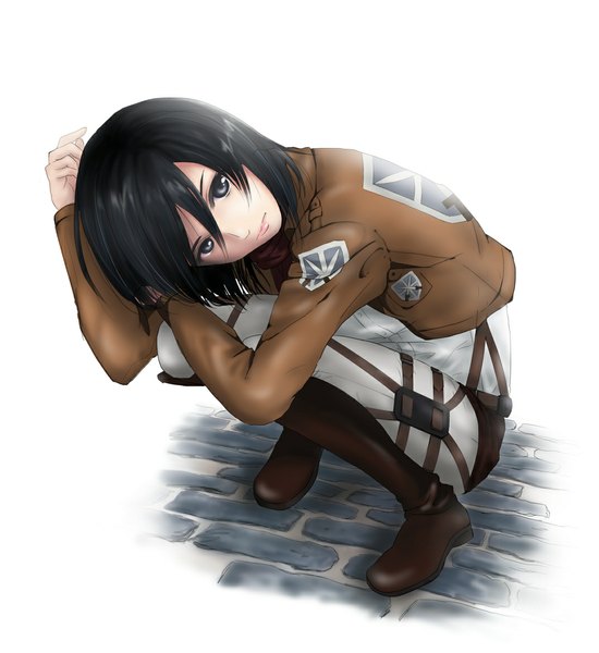 Anime picture 1073x1171 with shingeki no kyojin production i.g mikasa ackerman douko (artist) single tall image looking at viewer short hair black hair white background black eyes squat girl jacket boots belt scarf thigh strap