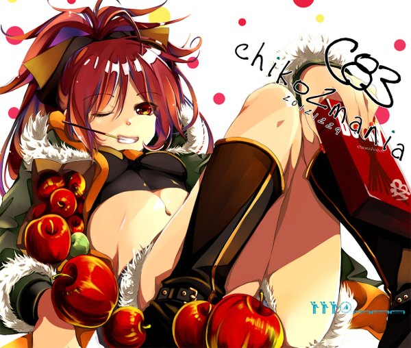 Anime picture 1224x1038 with mahou shoujo madoka magica shaft (studio) sakura kyouko gouda nagi long hair light erotic red eyes red hair one eye closed wink girl navel boots sweets apple pocky