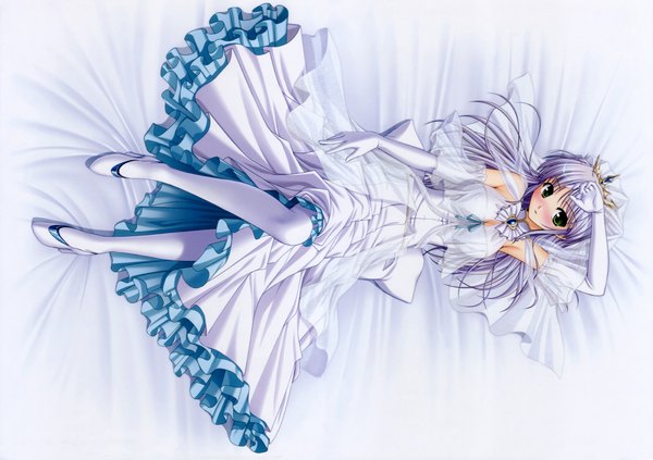 Anime picture 2000x1413 with yoake mae yori ruri iro na august soft feena fam earthlight bekkankou single long hair highres purple hair girl dress gloves elbow gloves shoes white dress tiara