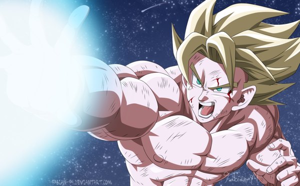 Anime picture 1600x996 with dragon ball dragon ball z son goku fabiansm single short hair open mouth blonde hair wide image green eyes night night sky coloring magic light muscle angry shooting star boy blood