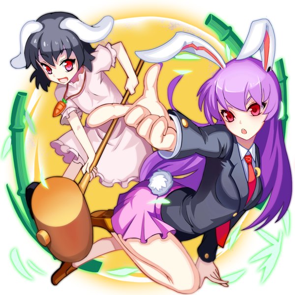 Anime picture 1181x1181 with touhou reisen udongein inaba inaba tewi fps (artist) long hair fringe short hair open mouth black hair smile red eyes multiple girls holding animal ears purple hair full body bent knee (knees) tail :d animal tail