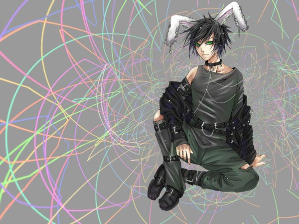 Anime picture 1307x980 with tagme (artist) single looking at viewer short hair black hair sitting bare shoulders green eyes light smile grey hair grey background bunny ears crossed legs piercing torn clothes bunny boy boy choker jacket belt