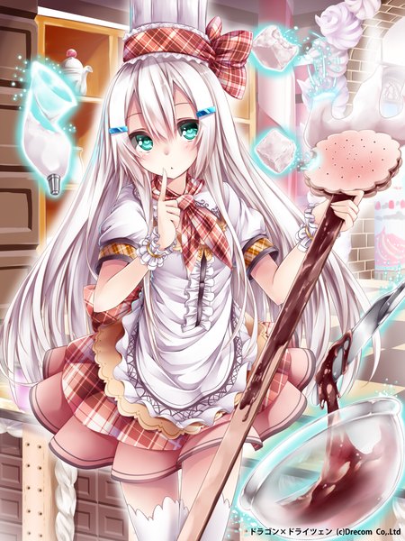 Anime picture 960x1280 with dragon dreizehn chabaneko single long hair tall image looking at viewer blush blue eyes white hair girl dress hat food frills sweets chocolate cream