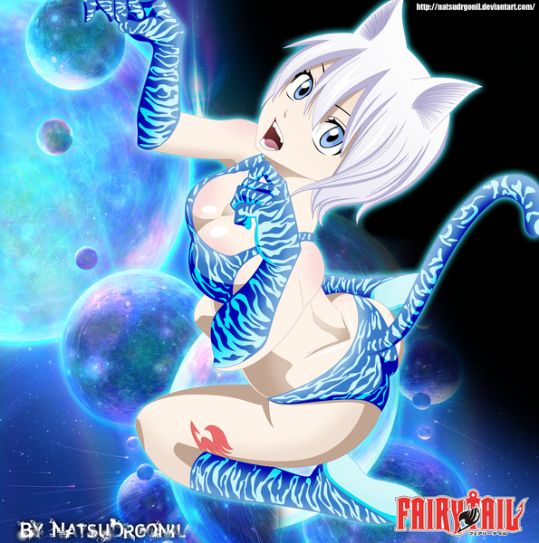 Anime picture 1909x1926 with fairy tail lisanna strauss natsudrgonil single tall image looking at viewer highres short hair open mouth blue eyes light erotic sitting animal ears white hair from above cat ears inscription cat girl cat tail tattoo