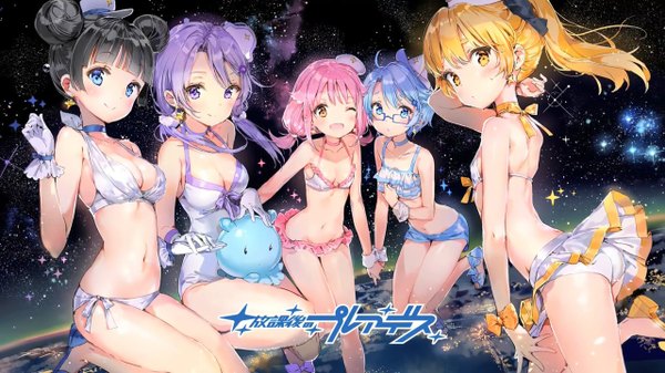 Anime picture 1280x720 with houkago no pleiades subaru (houkago no pleiades) aoi (houkago no pleiades) itsuki (houkago no pleiades) hikaru (houkago no pleiades) pleiadean nanako (houkago no pleiades) anmi long hair looking at viewer fringe short hair breasts blue eyes light erotic black hair smile wide image purple eyes twintails