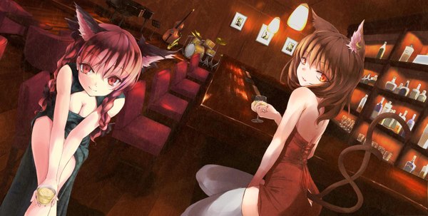 Anime picture 3417x1729 with touhou kaenbyou rin chen awa yume long hair looking at viewer highres short hair breasts light erotic smile red eyes brown hair wide image sitting bare shoulders multiple girls brown eyes animal ears cleavage