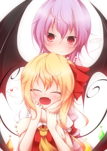 Anime picture 1100x1550 with touhou flandre scarlet remilia scarlet kuroyume (dark495) tall image blush short hair open mouth simple background blonde hair red eyes white background multiple girls purple hair teeth fang (fangs) hug girl dress 2 girls