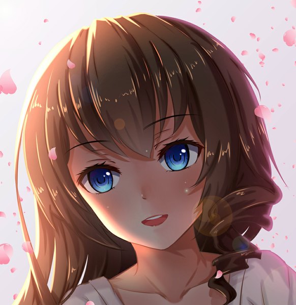 Anime picture 1000x1031 with original reki (lichk) single long hair tall image looking at viewer open mouth blue eyes brown hair white background girl petals
