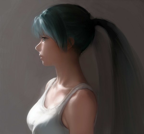 Anime picture 2500x2328 with vocaloid hatsune miku airspace (artist) single long hair highres breasts simple background twintails bare shoulders profile aqua eyes realistic aqua hair girl