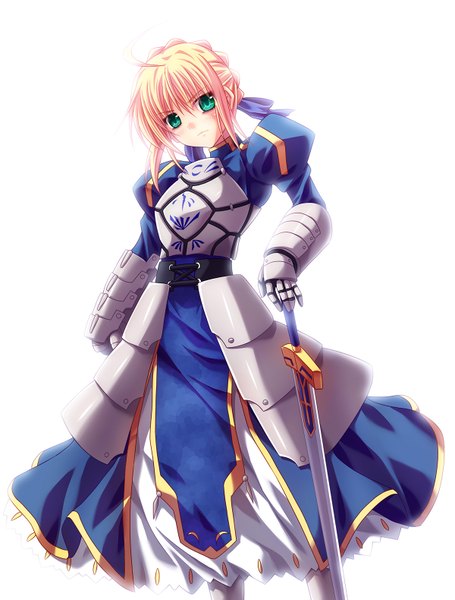 Anime picture 1200x1580 with fate (series) fate/stay night studio deen type-moon artoria pendragon (all) saber takayuuki (artist) single tall image looking at viewer blush short hair simple background blonde hair white background green eyes girl weapon sword armored dress