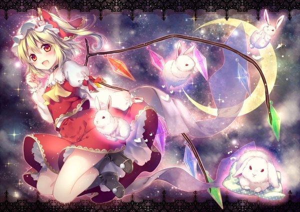 Anime picture 1000x707 with touhou flandre scarlet riichu single looking at viewer blush short hair open mouth blonde hair red eyes one side up crescent girl dress skirt bow hair bow animal wings boots
