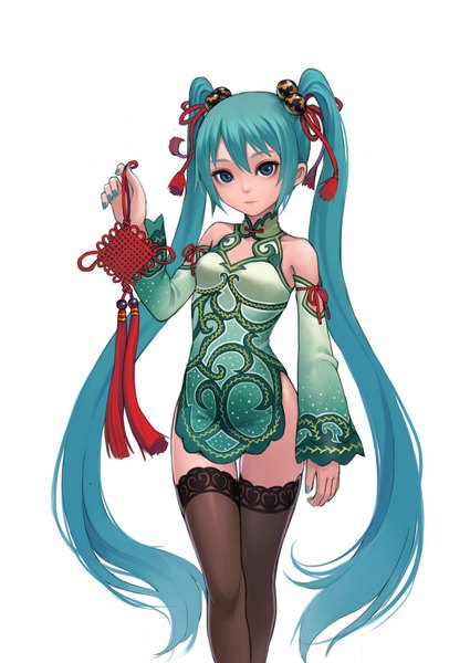 Anime picture 1000x1410 with vocaloid hatsune miku fkey single tall image looking at viewer fringe light erotic simple background standing white background twintails bare shoulders very long hair nail polish traditional clothes aqua eyes fingernails aqua hair alternate costume