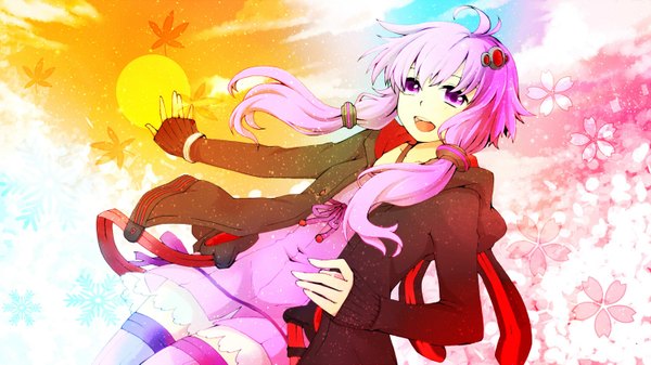 Anime picture 1500x843 with vocaloid yuzuki yukari kanna (chaos966) single long hair open mouth wide image purple eyes twintails purple hair ahoge low twintails girl petals sweater hair tubes sun