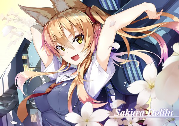 Anime picture 4092x2893 with original jie laite single long hair looking at viewer blush fringe highres breasts open mouth smile hair between eyes animal ears yellow eyes payot absurdres upper body outdoors blurry arms up