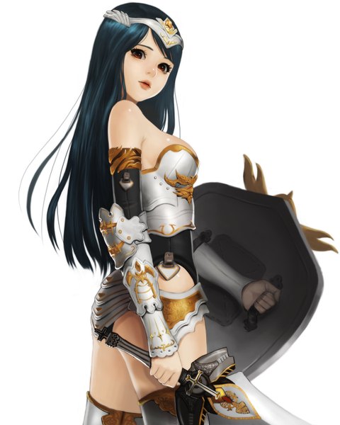 Anime picture 1200x1500 with original meto31 single long hair tall image looking at viewer breasts open mouth simple background white background bare shoulders brown eyes blue hair girl weapon detached sleeves sword headdress armor thigh boots