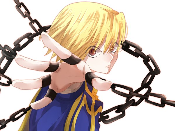 Anime picture 1024x768 with hunter x hunter kurapica emu@imasara hikayon single looking at viewer fringe short hair simple background blonde hair hair between eyes white background brown eyes upper body outstretched hand boy chain