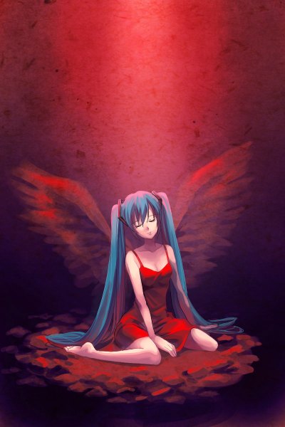 Anime picture 800x1200 with vocaloid hatsune miku chocofox single long hair tall image simple background sitting twintails bare shoulders blue hair cleavage eyes closed barefoot bare legs alternate costume no shoes legs red background girl