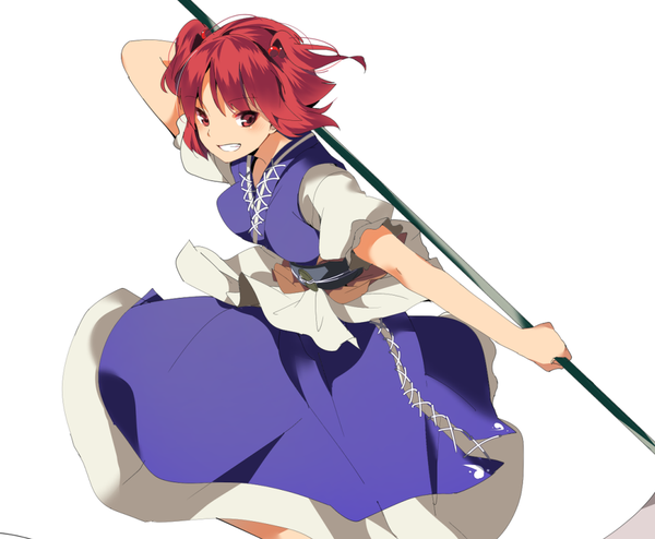 Anime picture 1024x844 with touhou onozuka komachi hasebe yuusaku single blush fringe short hair simple background smile red eyes white background looking away red hair two side up fighting stance girl weapon scythe