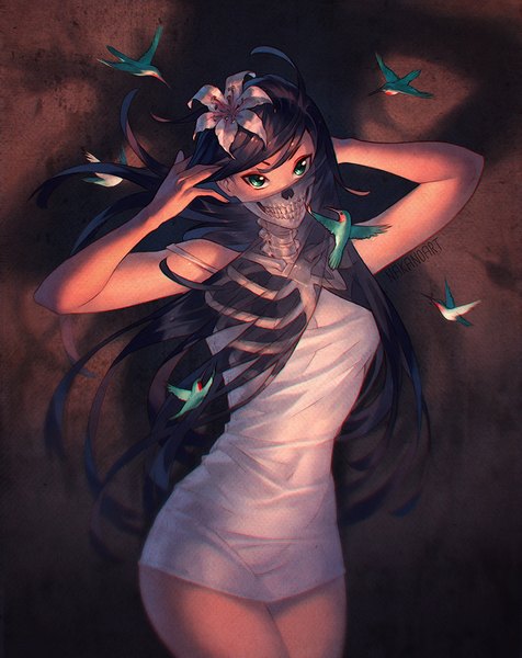 Anime picture 874x1100 with original nakanoart single long hair tall image looking at viewer fringe black hair standing green eyes signed ahoge hair flower wind arms up shadow arm behind head strap slip skeleton girl