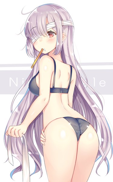 Anime picture 1000x1603 with fate (series) fate/grand order florence nightingale (fate) aozora nan single long hair tall image blush fringe light erotic simple background red eyes holding purple hair ahoge blunt bangs looking back from behind inscription leaning