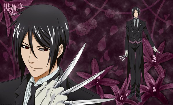 Anime picture 1600x979 with kuroshitsuji a-1 pictures sebastian michaelis short hair black hair red eyes wide image light smile dual persona butler boy gloves flower (flowers) necktie suit knife