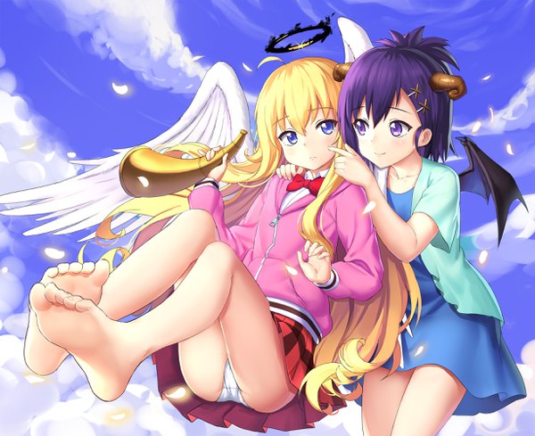 Anime picture 2452x2000 with gabriel dropout doga kobo tenma gabriel white tsukinose vignette april drogoth long hair highres short hair blue eyes light erotic blonde hair purple eyes multiple girls looking away sky purple hair cloud (clouds) ahoge barefoot horn (horns)