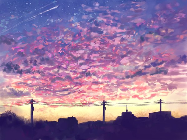 Anime picture 1600x1200 with original koocha hikari sky cloud (clouds) sunlight night night sky city evening sunset cityscape no people building (buildings) star (stars) power lines