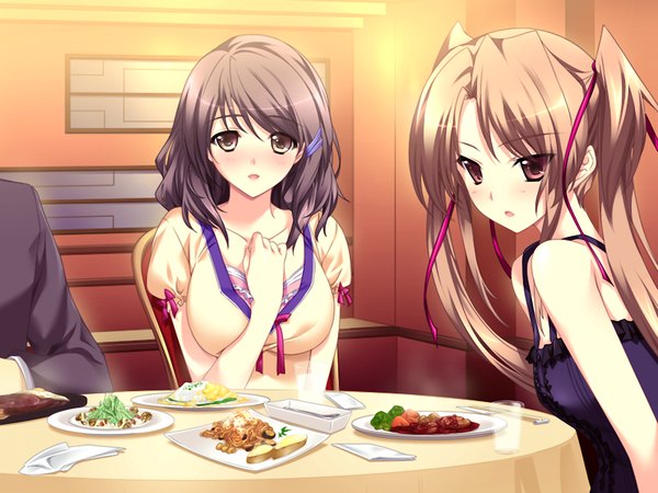 Anime picture 1024x768 with harahara shichau! atelier kaguya (studio) long hair short hair black hair red eyes brown hair twintails multiple girls brown eyes game cg girl 2 girls food