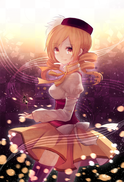 Anime picture 685x1000 with mahou shoujo madoka magica shaft (studio) tomoe mami cuivre single tall image short hair blonde hair twintails yellow eyes light smile tears drill hair short twintails crying underbust girl thighhighs black thighhighs beret