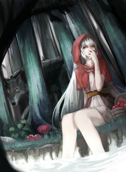 Anime picture 736x1000 with little red riding hood original little red riding hood (character) big bad wolf yuuichi (4561643) single long hair tall image looking at viewer fringe red eyes standing sitting yellow eyes white hair bare legs pale skin river girl plant (plants)