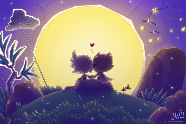 Anime picture 1024x685 with wakfu short hair blonde hair cloud (clouds) pointy ears inscription night sky couple holding hands plant (plants) tree (trees) star (symbol) cloak full moon
