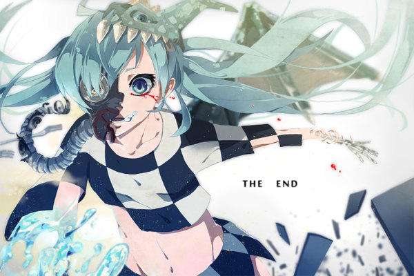 Anime picture 1500x1000 with vocaloid hatsune miku lasvation single long hair blush open mouth blue eyes aqua hair inscription bone (bones) girl wings blood mask debris