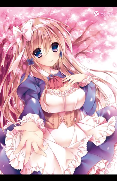 Anime picture 530x814 with original traene (sorai shin'ya) sorai shin'ya single long hair tall image looking at viewer blush fringe breasts blue eyes smile hair between eyes large breasts puffy sleeves cherry blossoms hand on chest letterboxed cleavage cutout outstretched hand