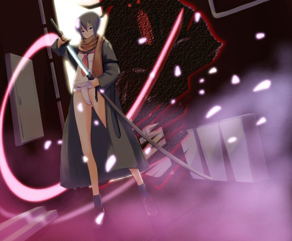 Anime picture 1275x1050 with original nanahime (aoi) single short hair silver hair pink eyes unsheathing petals sword scarf katana sheath