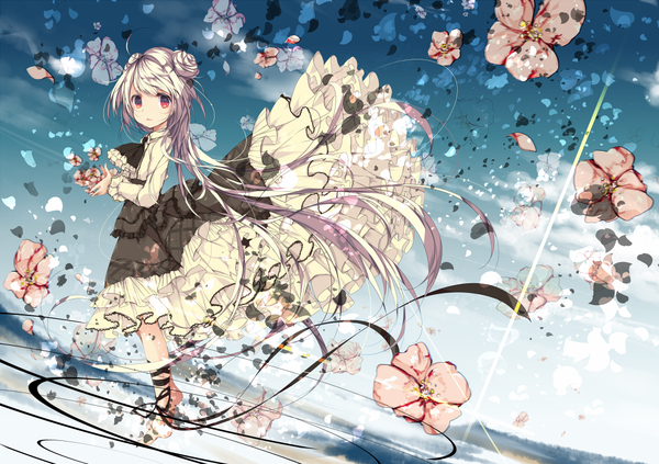 Anime picture 1025x724 with original umino mizu single looking at viewer red eyes white hair very long hair girl dress flower (flowers) ribbon (ribbons) petals frills