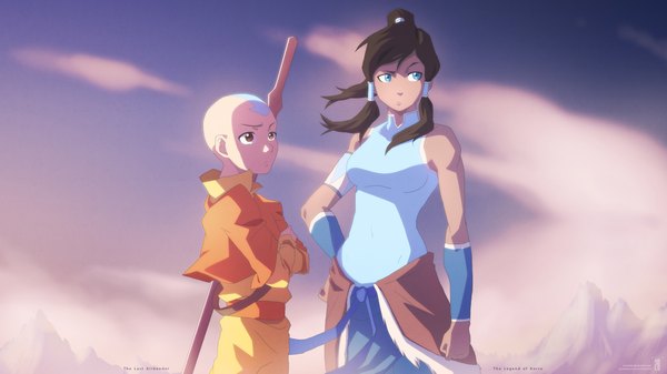 Anime picture 10000x5625 with avatar: the last airbender avatar: the legend of korra nickelodeon korra aang tom skender long hair highres blue eyes brown hair wide image twintails brown eyes absurdres sky cloud (clouds) crossed arms mountain incredibly absurdres bald