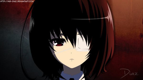 Anime picture 5000x2813 with another p.a. works misaki mei single looking at viewer highres short hair black hair red eyes wide image signed absurdres dark background girl eyepatch