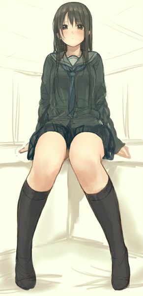 Anime picture 526x1083 with original krsk single long hair tall image looking at viewer blush fringe black hair sitting brown eyes bent knee (knees) pleated skirt from below no shoes girl skirt uniform socks serafuku