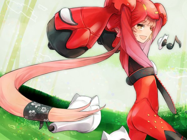 Anime picture 1000x750 with vocaloid nekomura iroha siting zeng single long hair looking at viewer blush fringe open mouth brown eyes pink hair arms behind head girl bodysuit musical note